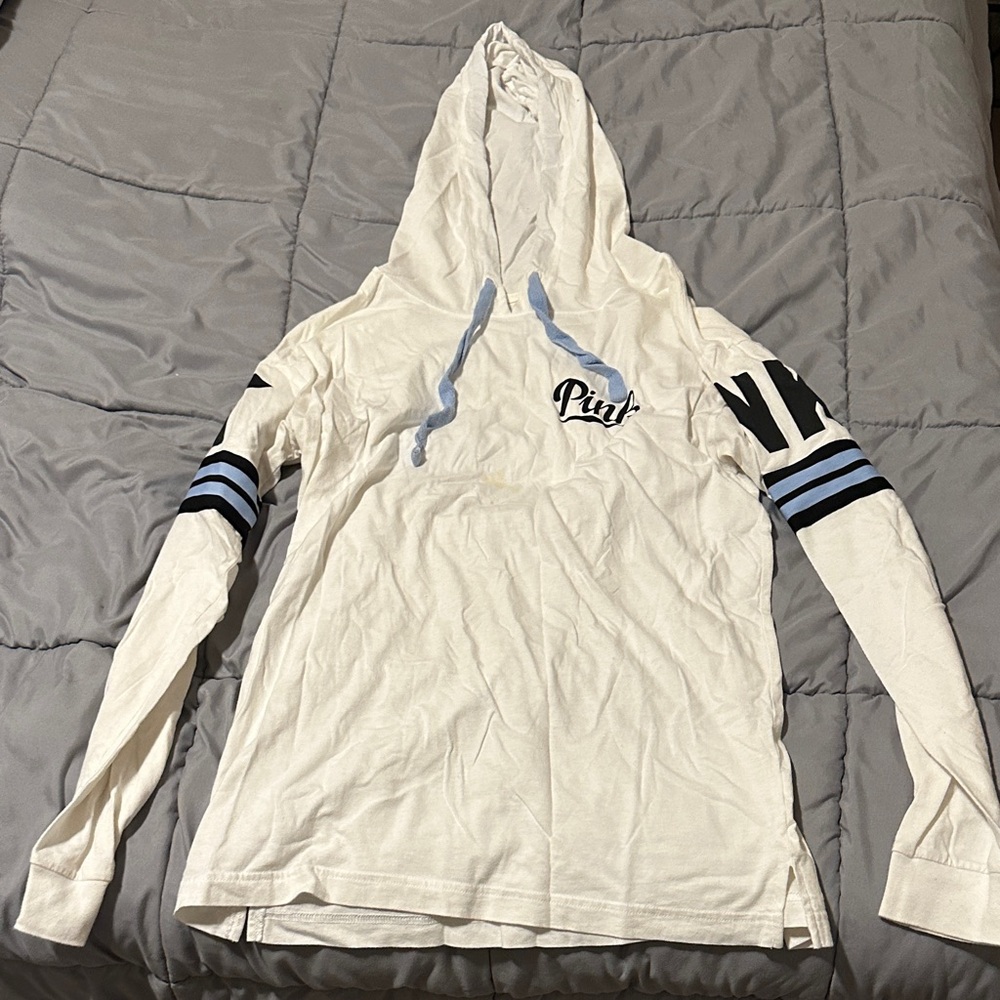 PINK Victoria's Secret White Hoodie with Light Blue Accents